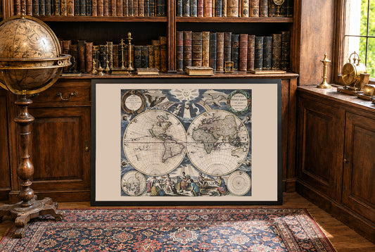 Poster mappa mondo Pieter Goos 1667 - Con illustrazione ornata e stile atlante