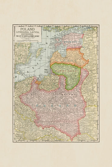 Polska i Kraje Bałtyckie 1925 - Wolne Miasto Gdańsk - Historyczny Plakat z Mapą