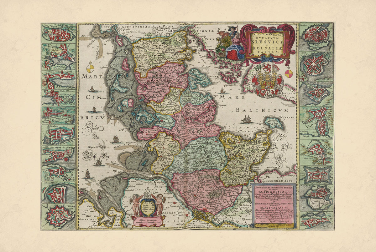 Schleswig & Holstein 1665 - 16 Town Plans - Joan Blaeu Historical Map Poster