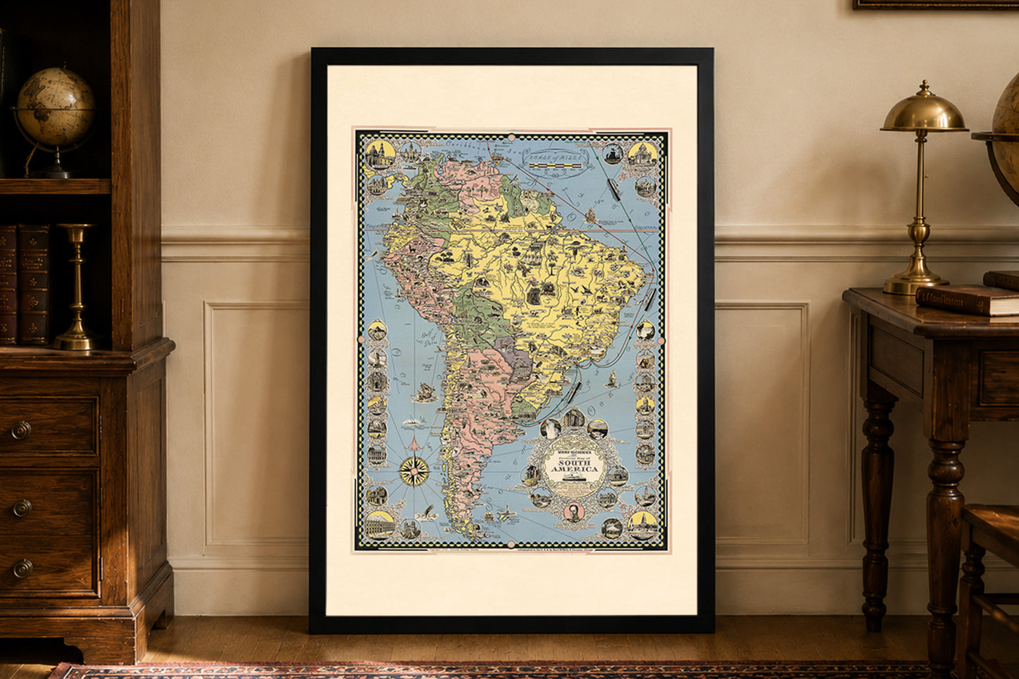 Póster Mapa Pictórico de Sudamérica (1942) - Arte de Pared Vintage de Viajes y Cruceros