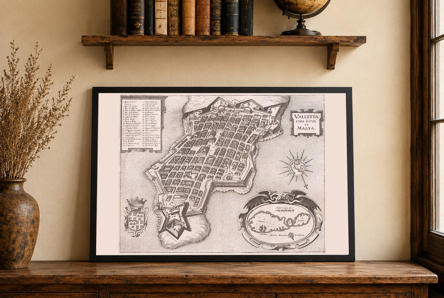 Poster mappa di La Valletta - Città Nuova Malta Pianta panoramica della città con fortificazioni e porto