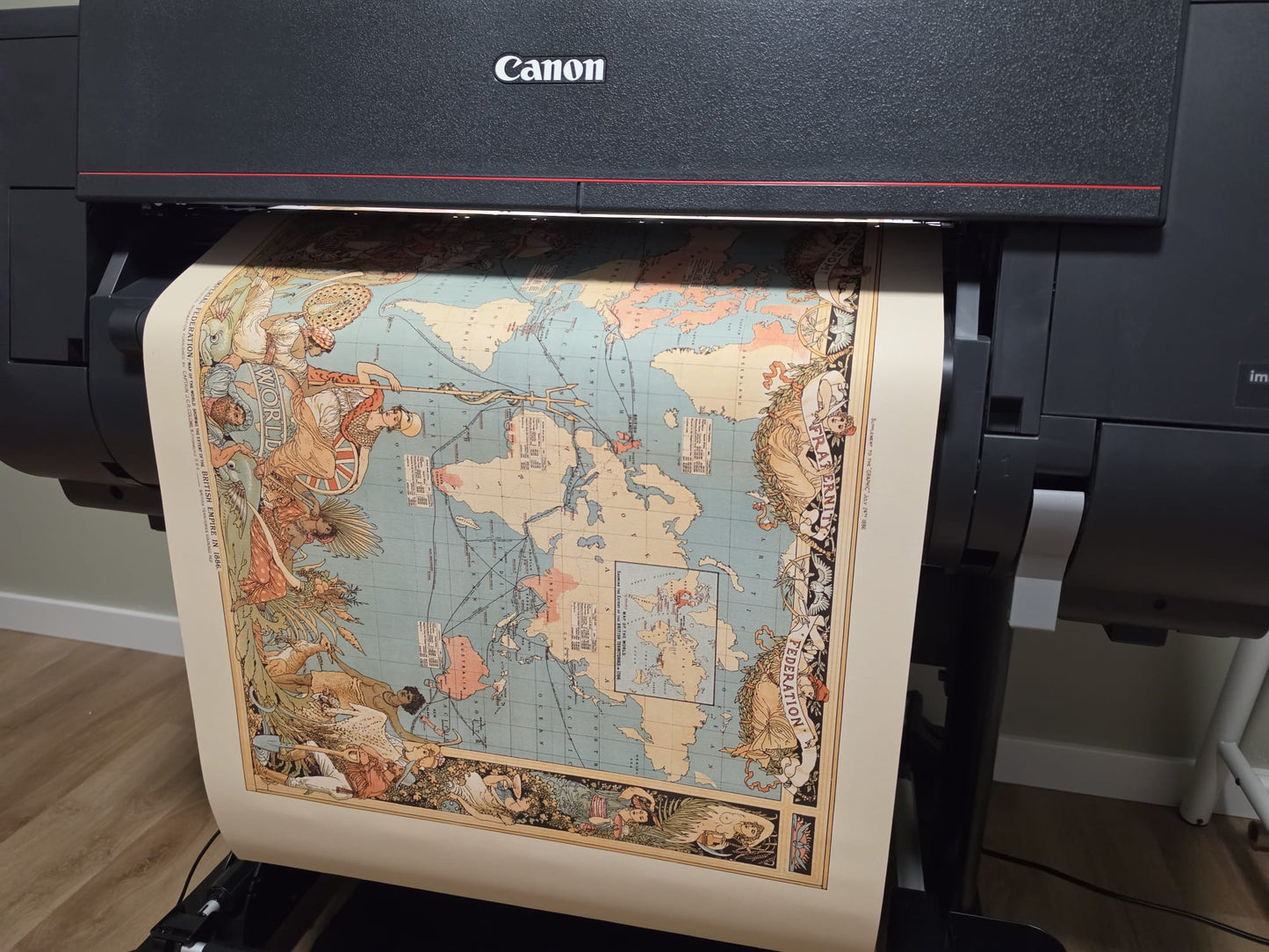 Póster del mapa del Imperio Británico de la era victoriana (1886) con regiones globales y vestimenta cultural