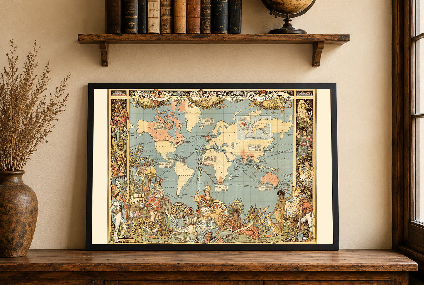 Póster del mapa del Imperio Británico de la era victoriana (1886) con regiones globales y vestimenta cultural