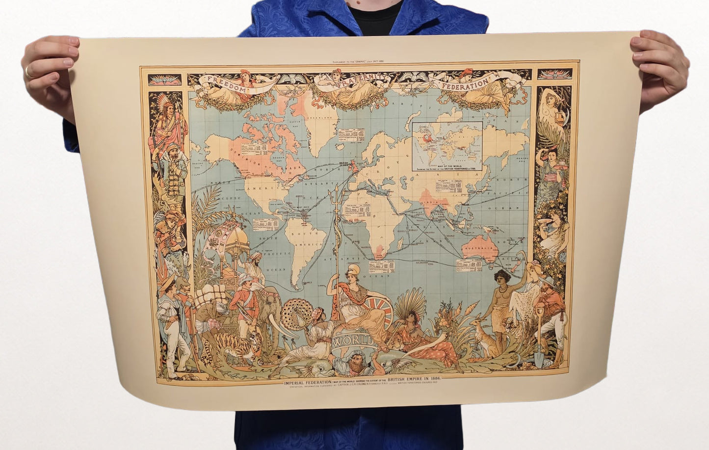 Póster del mapa del Imperio Británico de la era victoriana (1886) con regiones globales y vestimenta cultural