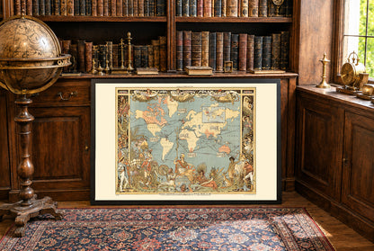 Póster del mapa del Imperio Británico de la era victoriana (1886) con regiones globales y vestimenta cultural
