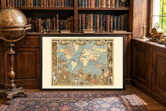 Poster mappa Impero britannico epoca vittoriana (1886) con regioni globali e abbigliamento culturale