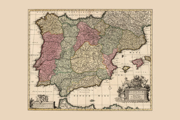 Historyczna mapa Półwyspu Iberyjskiego z 1740 r. – Hiszpania i Portugalia – dekoracja ścienna