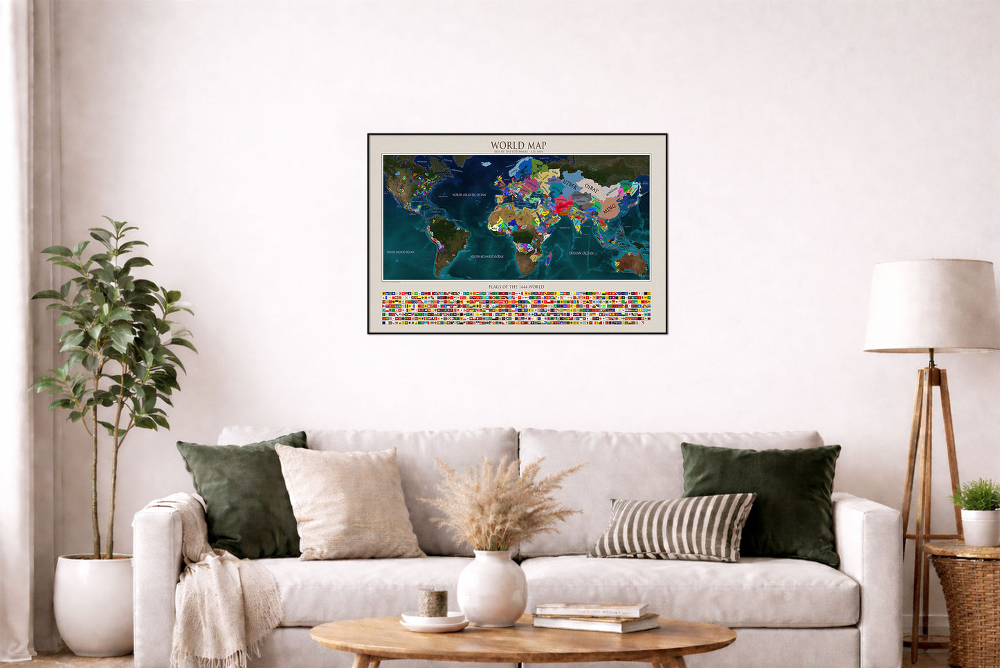 1444 World Map Poster - Political Map with Historical Countries & Flags