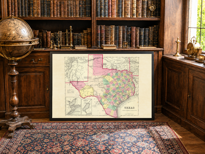 1856 Texas Map Poster - Hand-Colored County Map with Detailed Boundaries